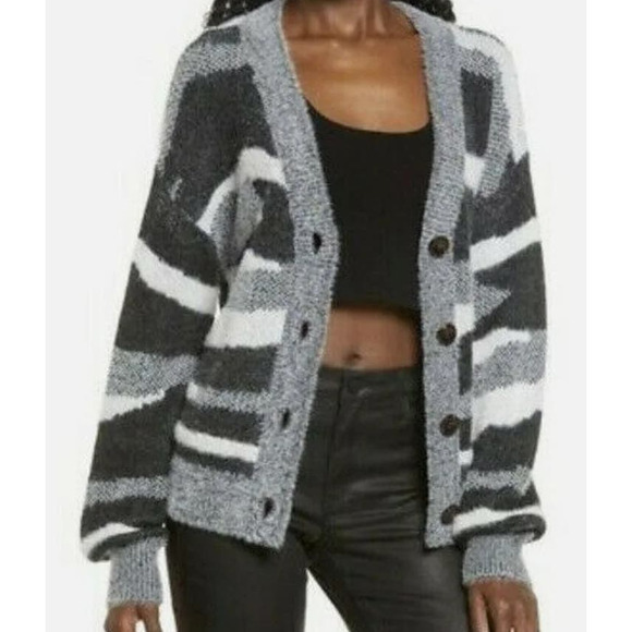 Leith Soft Fuzzy Button Cardigan Sweater LARGE NEW  Black Zebra NWT - Picture 1 of 7